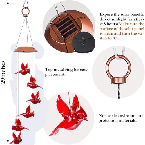 Cardinal Solar Wind Chimes, Cardinal Red Bird Solar Lights Outdoor | Mobile Hanging Wind Chimes for Outside Garden Yard Patio Porch Party Decor, Birthday Gardening Gifts for Mom Women Grandma