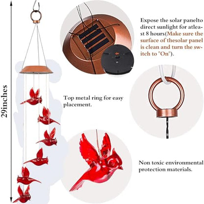 Cardinal Solar Wind Chimes, Cardinal Red Bird Solar Lights Outdoor | Mobile Hanging Wind Chimes for Outside Garden Yard Patio Porch Party Decor, Birthday Gardening Gifts for Mom Women Grandma