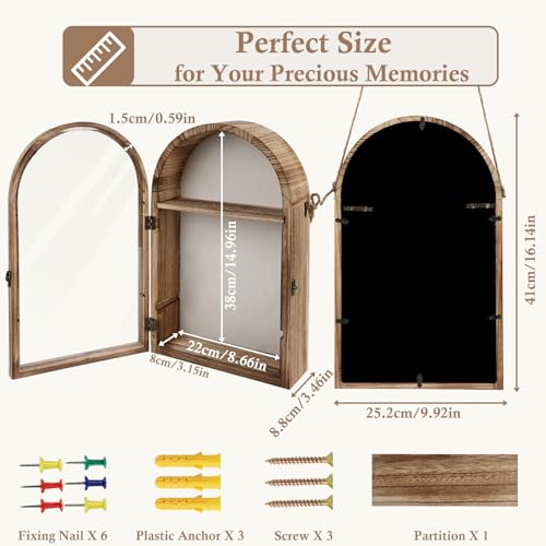 Large Shadow Box Frame with Storage Drawer - Deep Wood Memory Box Display Case with Hinged Door & Linen Back, Rustic Wedding Gifts for Bouquet, Medals, Photos & Pet Memorial Keepsakes (Brown)