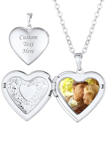Custom4U Personalized Heart Locket Necklace with Pictures,Sunflower/Angel Wings/Heart Shaped Lockets Custom Photo,Gold/Rose Gold/White Lockets That Holds Picture,Customized Memorial Jewelry for Women - color: B-Heart-Steel(Locket + Photo + Engraving)
