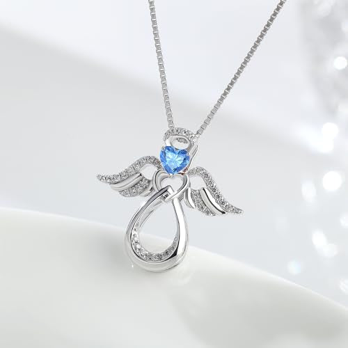 925 Sterling Silver Guardian Angel Pendant Necklace for Women with Birthstone Cubic Zirconia Little Angel Pendant Necklace Jewelry 18 inch Chain - color: 03-Mar-Aquamarine