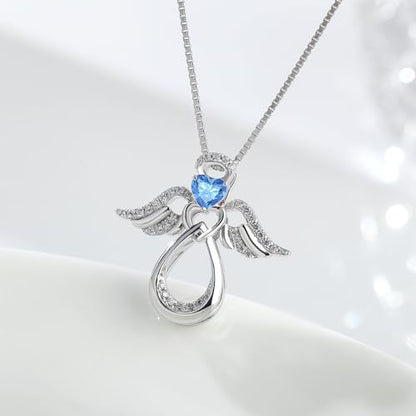 925 Sterling Silver Guardian Angel Pendant Necklace for Women with Birthstone Cubic Zirconia Little Angel Pendant Necklace Jewelry 18 inch Chain - color: 03-Mar-Aquamarine