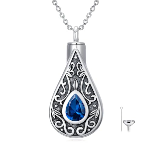 Teardrop Urn Necklace for Ashes Filigree Birthstone Keepsake Pendant Cremation Jewelry for Ashes Memorial Jewelry Gifts for Loss of a Loved One for Women - style: Dec-Blue Topaz