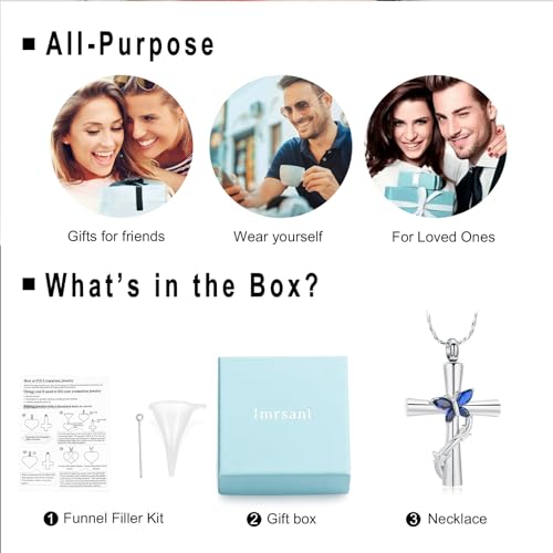 Imrsanl Cross with Butterfly Urn Necklaces for Ashes for Women - color: Silver Blue