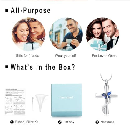 Imrsanl Cross with Butterfly Urn Necklaces for Ashes for Women - color: Silver Blue