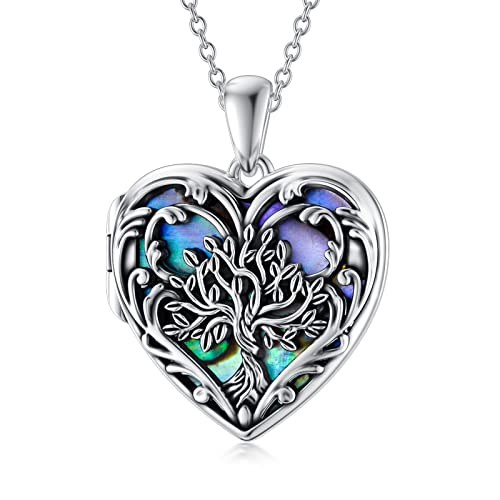 SOULMEET Personalized Tree of Life/Palm Tree Heart Locket Sterling Silver Necklace That Holds 1 or 2 Pictures Memorial Vintage Photo Locket Custom Any Photo Healing Gift - style: B1-Abalone tree locket only