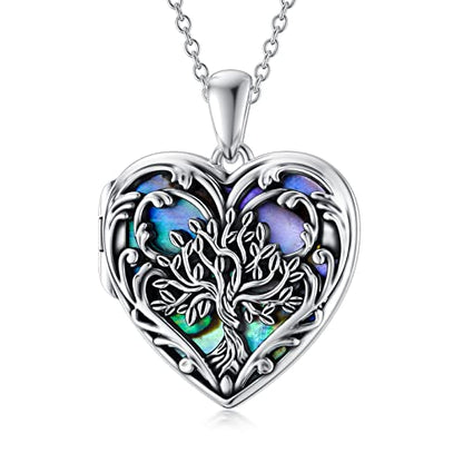 SOULMEET Personalized Tree of Life/Palm Tree Heart Locket Sterling Silver Necklace That Holds 1 or 2 Pictures Memorial Vintage Photo Locket Custom Any Photo Healing Gift - style: B1-Abalone tree locket only