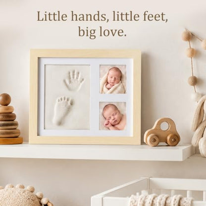 MICKYU Baby Hand and Footprint Kit, Clay Keepsake Frame | 8-Color Paints, Newborn Nursery Picture Frames, Personalized New Mom Gifts for Baby Shower & Registry, 9x11 in, Natural Wood - color: Natural Wood