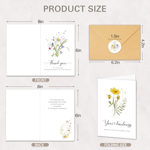 Funeral Thank You Cards with Envelopes, 5 Designs Watercolor Floral | 50 Bereavement Sympathy Thank You Cards, 4x6in, for Funeral Celebration of Life, Message Inside, Matching Stickers, Bulk - color: White-50