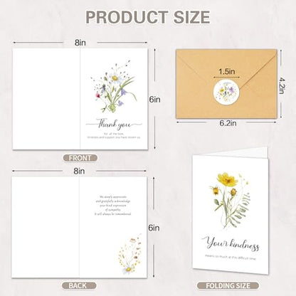 Funeral Thank You Cards with Envelopes, 5 Designs Watercolor Floral | 50 Bereavement Sympathy Thank You Cards, 4x6in, for Funeral Celebration of Life, Message Inside, Matching Stickers, Bulk - color: White-50