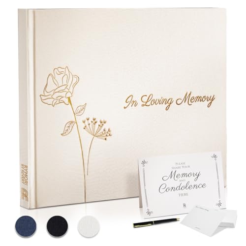 Revery Funeral Guest Book for Memorial Service - with Pen, Cards, Table Sign & Back Pocket, Guests Sign in Book in Loving Memory | Celebration of Life Memorial Service Guest Book, White Linen Cover - color: White Natural Linen, style: In Loving Memory
