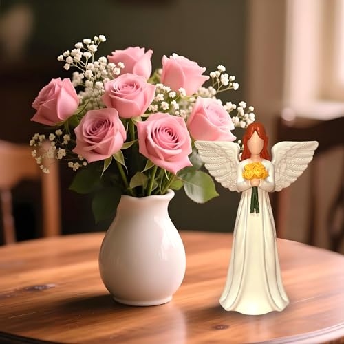 Guardian Angel, Angel Figurine Memorial Gift for Women, Sympathy & Mothers Day Birthday Valentines Home Decor Sculpture, Hand-Painted Flower-Holding Angel Decor