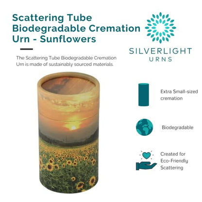 Sunflowers Scattering Tube - Extra Small, Biodegradable Cremation Urn for Ashes, Extra Small Sized Cremation Urn, 5.25 Inches High - color: Sunflowers