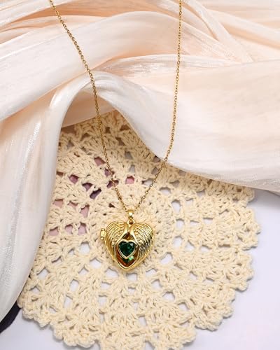 14K Gold Plated Heart Locket Memorial Adjustable Necklace Chain Pendant Emerald Cubic Zirconia Thin Necklace for Women