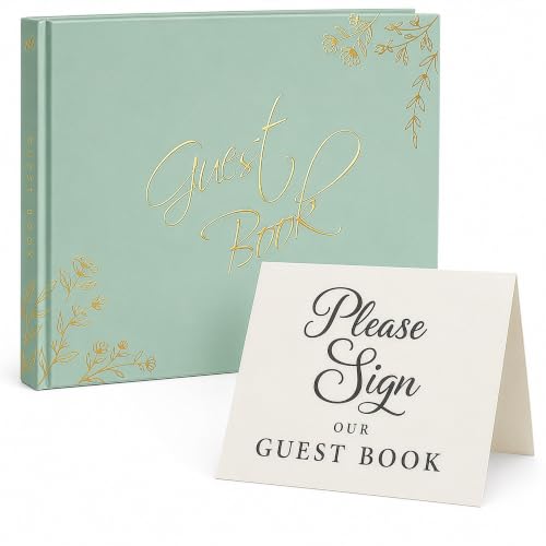 Wedding Guest Book, 100 Blank Pages, 9×7" Gold Foil Hardcover - color: Green