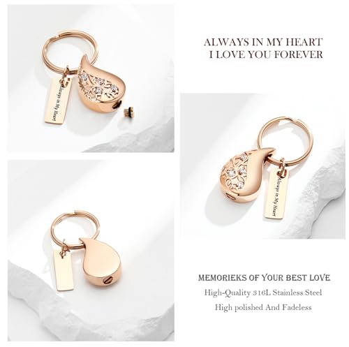 Hearbeingt Teardrop Urn Keychain for Ashes Tree of Life Cremation Jewelry - color: A-rosegold