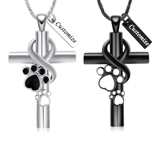 Cross Urn Necklace for Ashes Pet Paw Cremation Jewelry Ashes Necklace for Dog/Cat Paw Print Memorial Locket for Women Men - color: Customize