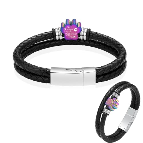 Hearbeingt Paw Print Urn Bracelet for Ashes Pet Cremation Jewelry | for Women Men,Stainless Steel,Memorial Leather Bangle,Ash Holder for Cat Dog,Keepsake Jewelry of Loved Ones,Gift,Fill Tool - color: Colorful-20CM