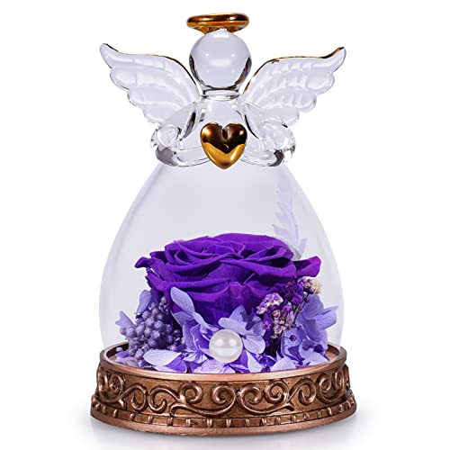Preserved Real Rose in Glass Angel Figurine with LED Light, Angel Gifts for Women, Mom, Grandma on Mother's Day Christmas Birthday (Purple) - color: Purple