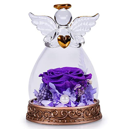 Preserved Real Rose in Glass Angel Figurine with LED Light, Angel Gifts for Women, Mom, Grandma on Mother's Day Christmas Birthday (Purple) - color: Purple