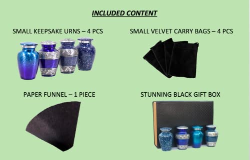 Blue Small Urns for Human Ashes Female Male | Set of 4 Premium Mini Keepsake Urns with Four Velvet Bags A Paper Funnel and A Stunning Magnet Closer Gift Box - color: Blue