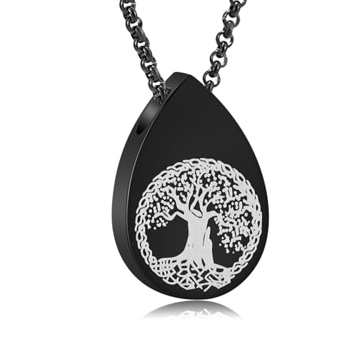 Hearbeingt Teardrop Urn Necklaces for Ashes Tree of Life Memorial Locket - color: Teardrop-Black