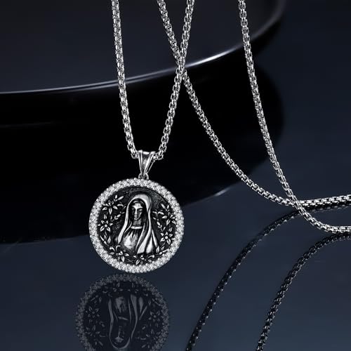 925 Sterling Silver Patron Saint Necklace Amulet Miraculous Medal Pendant Jewelry for Men Women with Friendship Talisman Travel Inspirational Gifts - color: black-B