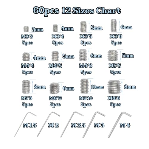 60pcs Set Screws, Allen Head Screws, Grub Screws M3 M4 M5 M6 M8 for Home Repair, Install Door Lock, Repair Furniture, Electronic Product, DIY, Fixtures (Stainless Steel 12 Sizes) - size: 60pcs(Stainless Steel 12 Sizes)