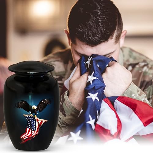 American Flag Eagle Cremation Urns for Human Ashes Adult Male & Female, Patriotic Urns for Funeral Burial Urns Adult Large Upto 200lbs | 200 Cu In (Up to 200 lbs), Hand-Finished Aluminum, Secure Threaded Lid, For Veterans and Service Members - color: Amer
