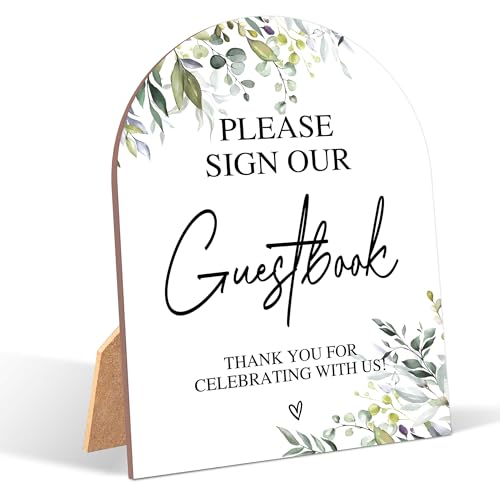 Greenery Please Sign Our Guestbook Sign, Wedding Ceremony Signs, 6 x 8 Inch Arch Wooden Tabletop Sign with Stand, Wedding Reception Decoration Supplies (PZ02) - color: Please Sign Our Guestbook