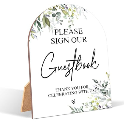 Greenery Please Sign Our Guestbook Sign, Wedding Ceremony Signs, 6 x 8 Inch Arch Wooden Tabletop Sign with Stand, Wedding Reception Decoration Supplies (PZ02) - color: Please Sign Our Guestbook