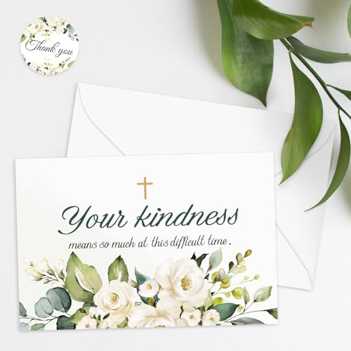 JarThenaAMCS 100 Pack Funeral Thank Your Cards with Envelope Sticker Watercolor White Floral Sympathy Flower Cross Bereavement Card with Message for Memorial Service Loves Ones Celebration of Life