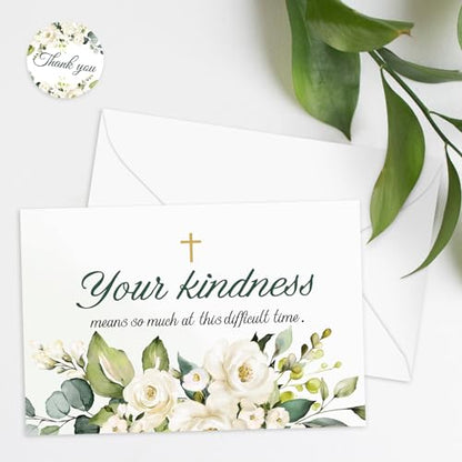JarThenaAMCS 100 Pack Funeral Thank Your Cards with Envelope Sticker Watercolor White Floral Sympathy Flower Cross Bereavement Card with Message for Memorial Service Loves Ones Celebration of Life