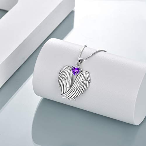 YFN Angel Wings Necklace 925 Sterling Silver Guardian Angel Wings Pendant Necklace Birthstone Necklace for Women Girls Christmas Jewelry Gifts - color: February-Purple