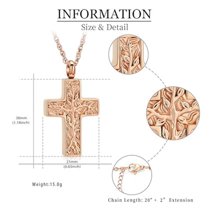 shajwo Tree of Life Cross Cremation Jewelry Urn Necklaces for Ashes | Memorial Ashes Pendant Necklace of Loved One Women Men Ashes Keepsake Necklace - color: Rose Gold
