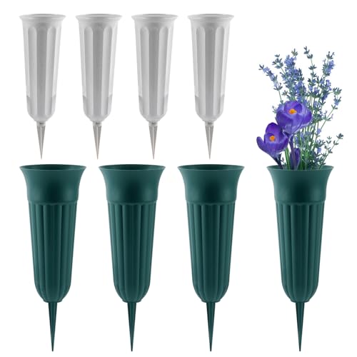 8-Pack Cemetery Vases for Grave - 2 Sizes of Plastic Cone Vase with Foam Flower Holders Spikes, Cemetery Decorations for Patriotic Memorial Grave Accessories (Gray, Green) - color: Gray, Green