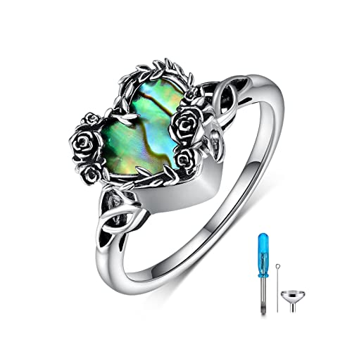 925 Sterling Silver Urn Ring for Ashes - Abalone Shell Heart Cremation Keepsake Jewelry for Women - Human Ashes Ring
