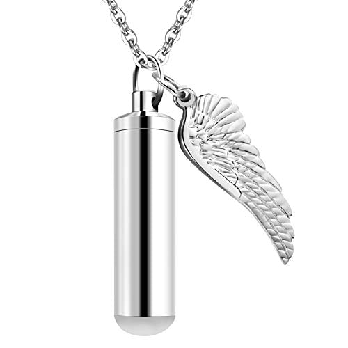 Dletay Cylinder Cremation Urn Necklace for Ashes Memorial Keepsake Pendant with Angel Wing Stainless Steel Remembrance Jewelry - color: Silver-L, style: non-engraving