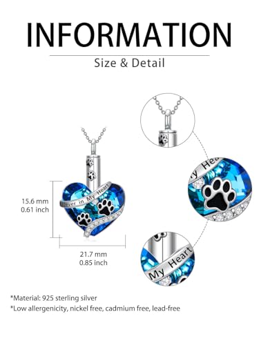 Urn Necklace for Women Sterling Silver Meaningful Memorial Jewelry | Paw Print/Butterfly/Dragonfly/Bird/Dolphin/Mountain/Tree of Life Urn Necklace for Ashes Cremation Keepsake Jewelry for Women - style: Heart-Paw print