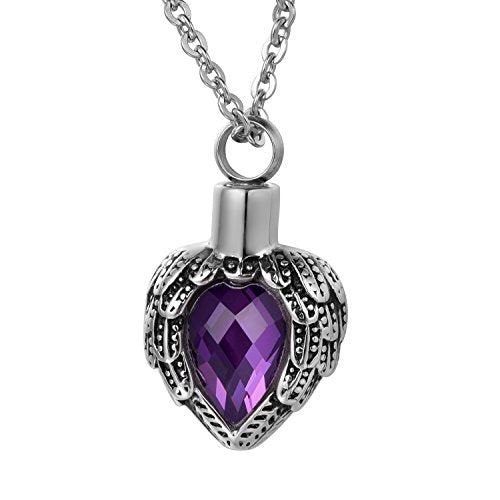 COCO Park Cremation Jewelry Stainless steel Angel Wing Heart Urn Pendant with Birthstone Memorial Necklace for Ashes - color: Purple