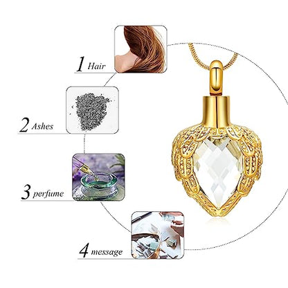 memorial jewelry Gold Angel Wings Glass Heart Urn Pet/Human Cremation Pendant Necklace Jewelry for Ashes - color: White