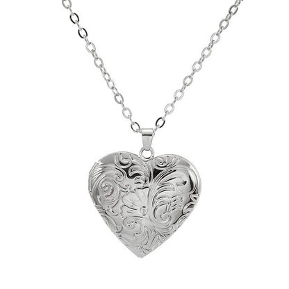 Locket Picture Pendant Heart Necklace,Retro Carved Flower Relief Pattern Oval Center Necklace Souvenir Memorial Clavicle Jewelry for Women - color: silver heart