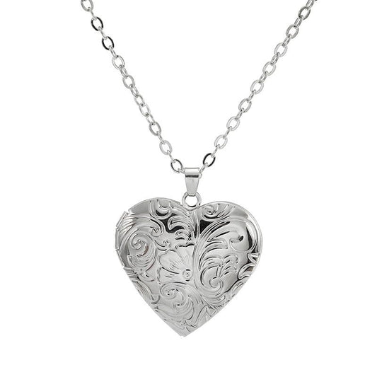 Locket Picture Pendant Heart Necklace,Retro Carved Flower Relief Pattern Oval Center Necklace Souvenir Memorial Clavicle Jewelry for Women - color: silver heart