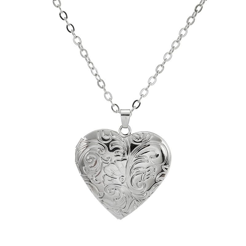 Locket Picture Pendant Heart Necklace,Retro Carved Flower Relief Pattern Oval Center Necklace Souvenir Memorial Clavicle Jewelry for Women - color: silver heart