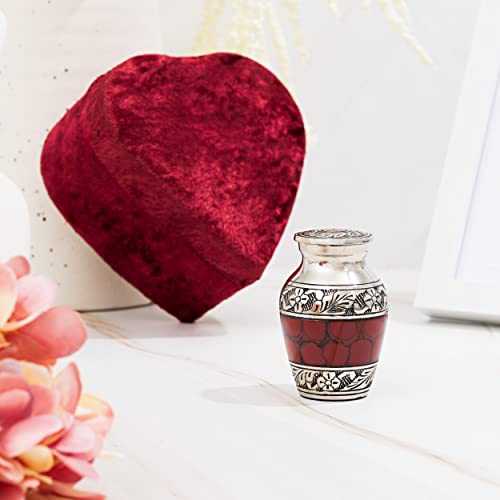 Small Keepsake Cremation Urns for Human Ashes with Velvet Heart Case and Funnel - Crimson : Deep Red Brass Hand Engraved Mini Memorial Urn - color: Red/Crimson Small Keepsake Urn