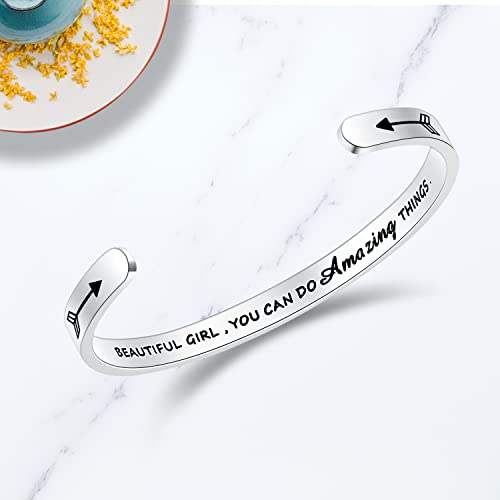TONY & SANDY Inspirational Bracelets for Women Teen Girls Personalized Gifts for Daughter Granddaughter Mom Sister Friends Stainless Steel Engraved Cuff Birthday Easter Christmas - style: 0 - Beautiful girl, you can do amazing things