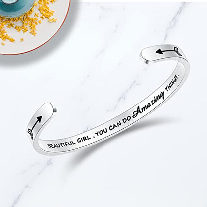 TONY & SANDY Inspirational Bracelets for Women Teen Girls Personalized Gifts for Daughter Granddaughter Mom Sister Friends Stainless Steel Engraved Cuff Birthday Easter Christmas - style: 0 - Beautiful girl, you can do amazing things