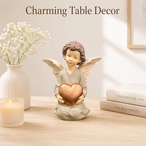 Guardian Angel Figurine Holding Gold Heart | Painted Resin Keepsake For Mom, Daughter, Sister, Friend, Shelves, Desks, Nightstands And Comfort Gifts - size: 5.12"H