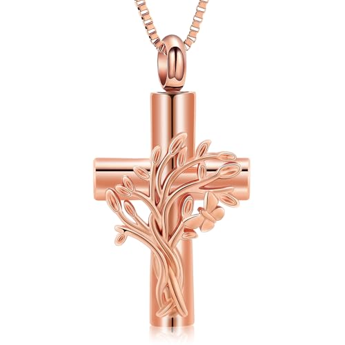 XSMZB Tree of Life Cross Cremation Jewelry for Ashes Human Pet Memorial Ashes Necklace Butterfly Cross Keepsake Pendant for Women - color: Rose Gold