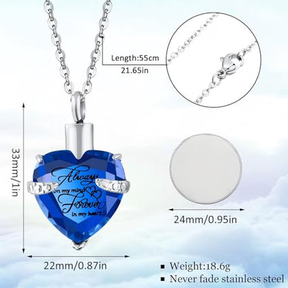 Jadive 3 Pcs Urn Necklace for Ashes for Women Cremation Heart Ashes Jewelry Crystal Ocean Necklace Summer Waterproof Memorial Pendant Stainless Steel Keepsake with Angel Wing 12 Birthstones Filling